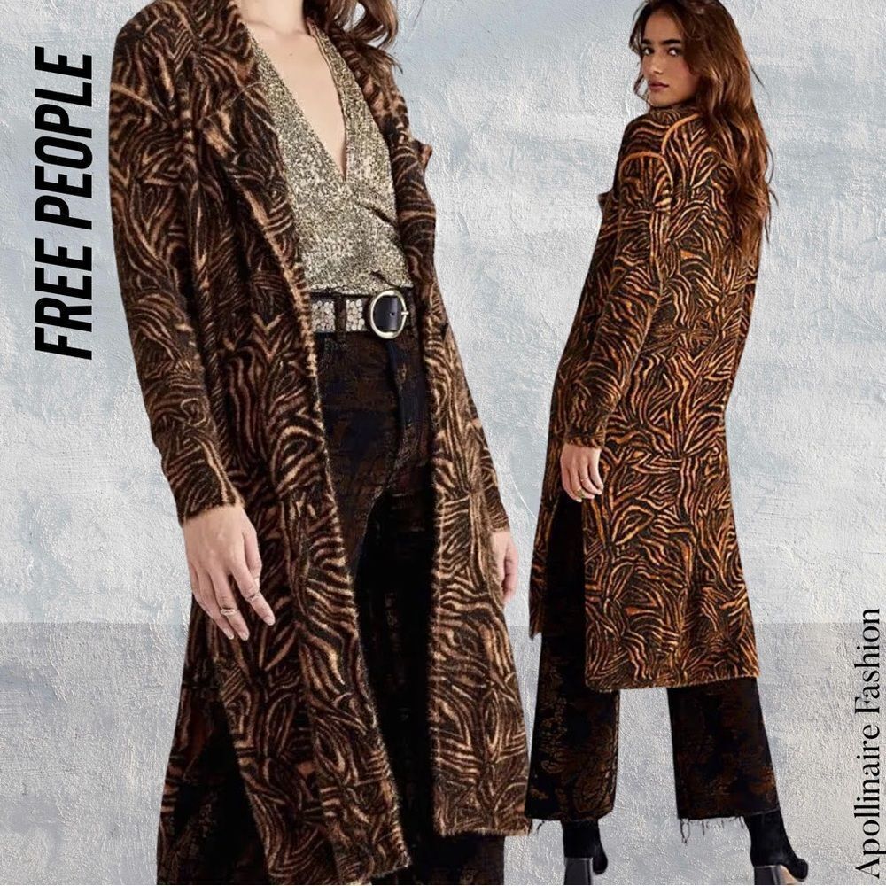 FREE PEOPLE TIGER PRINT CARDI DUSTER IN BLACK AND TAN LARGE NWOT